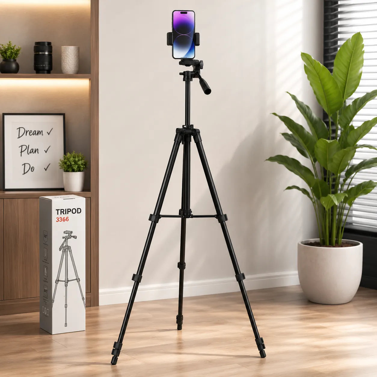 Professional Camera & Mobile Tripod Stand | 360° Rotation | Adjustable Height | Lightweight