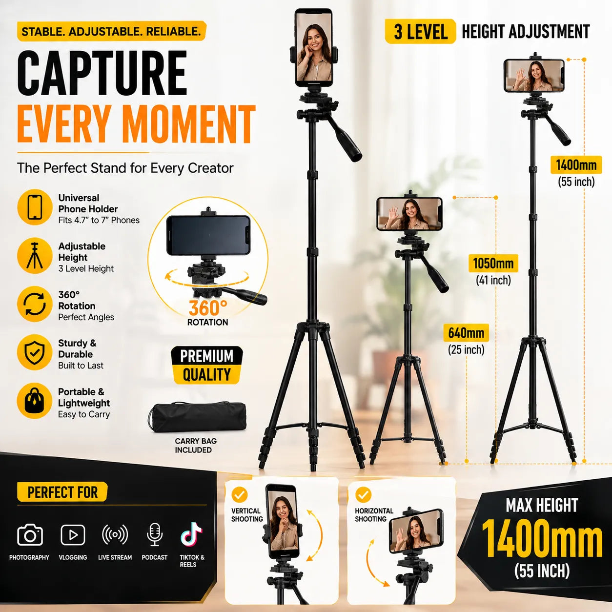 Professional Camera & Mobile Tripod Stand | 360° Rotation | Adjustable Height | Lightweight