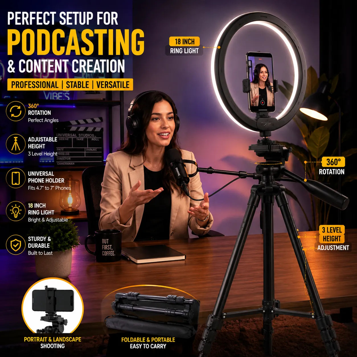 Professional Camera & Mobile Tripod Stand | 360° Rotation | Adjustable Height | Lightweight