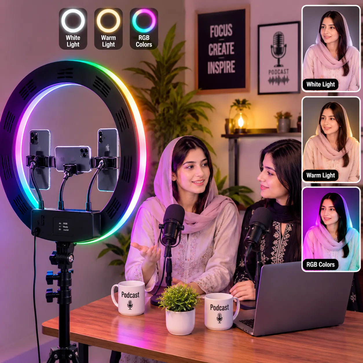 18-Inch RGB LED Ring Light with 3 Mobile Holders | Professional Content Creator Light