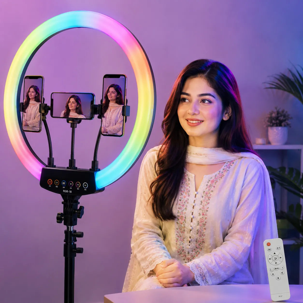 18-Inch RGB LED Ring Light with 3 Mobile Holders | Professional Content Creator Light