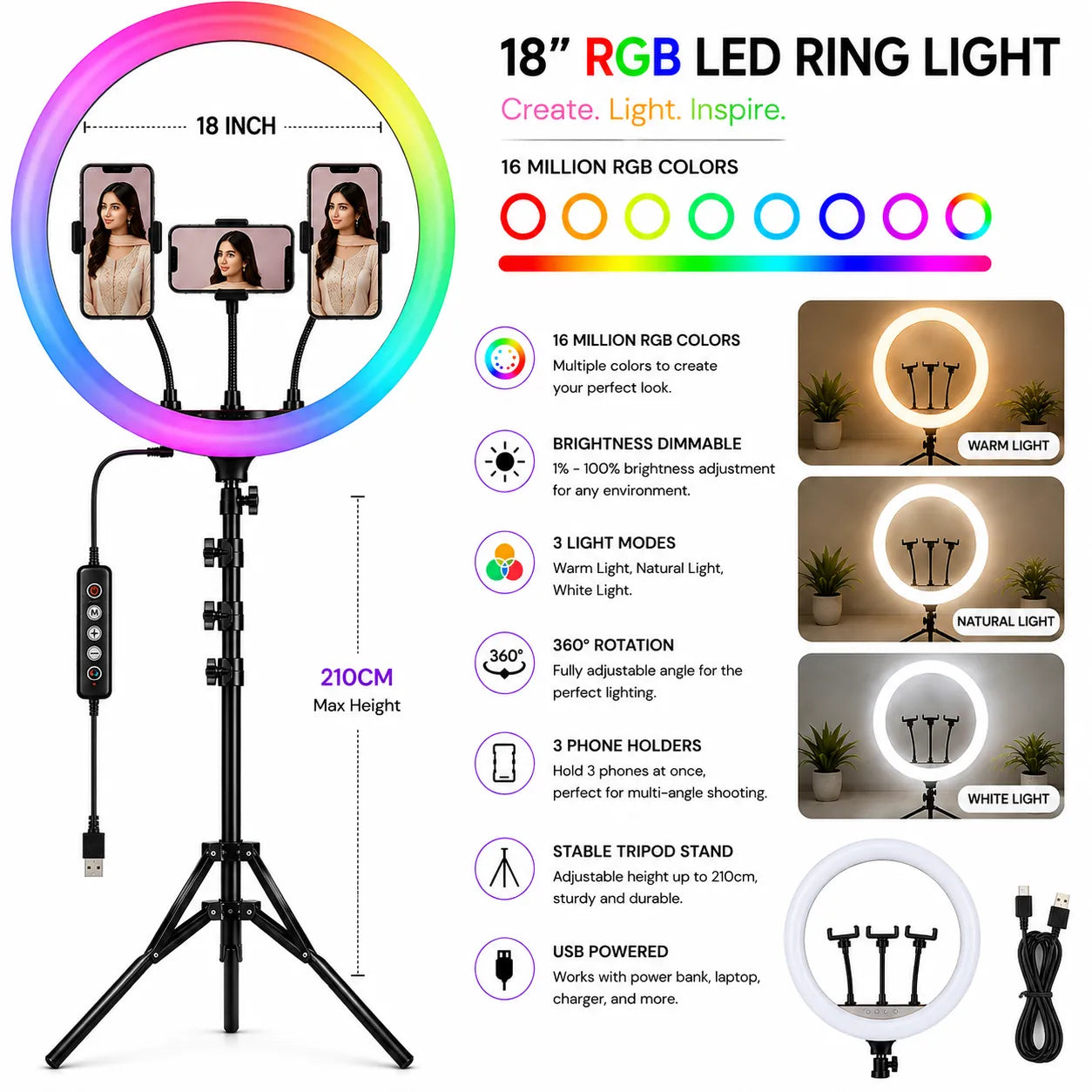18-Inch RGB LED Ring Light with 3 Mobile Holders | Professional Content Creator Light