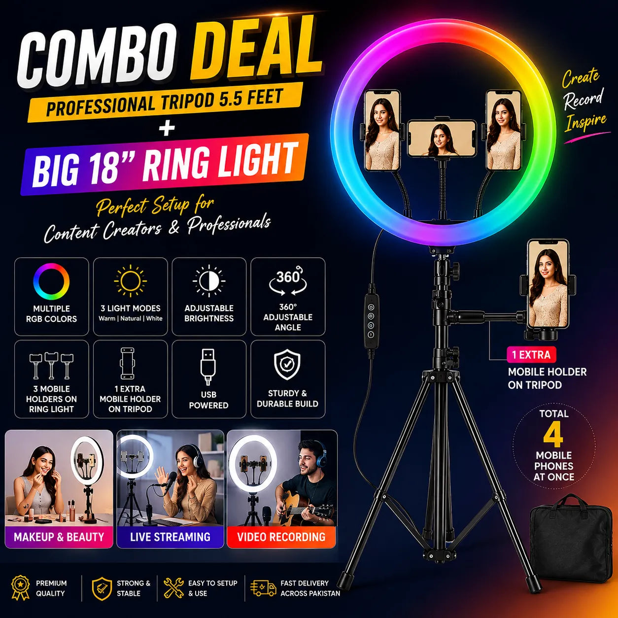 Professional Content Creator Combo – 5.5 Feet Tripod Stand + 18-Inch RGB Ring Light