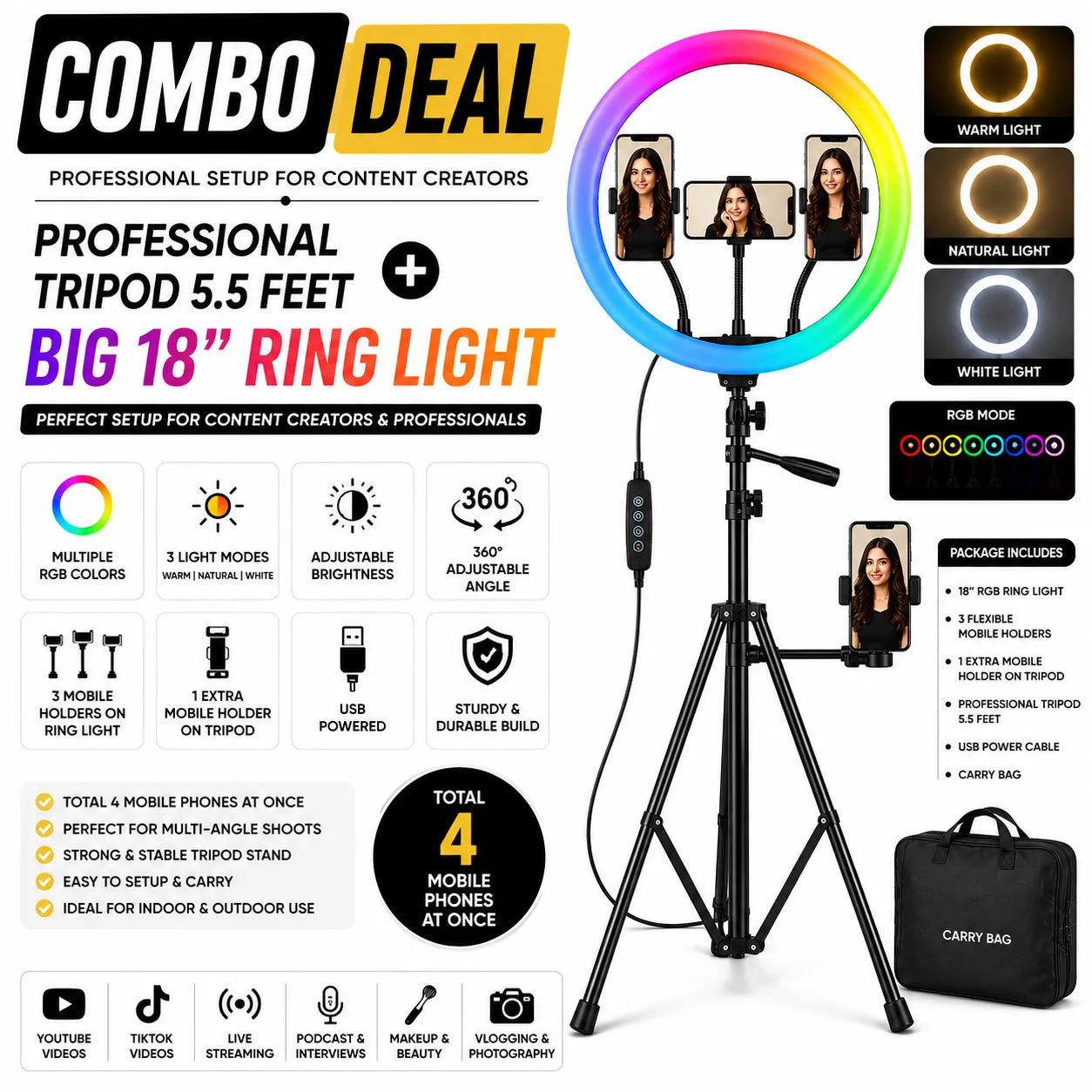 Professional Content Creator Combo – 5.5 Feet Tripod Stand + 18-Inch RGB Ring Light