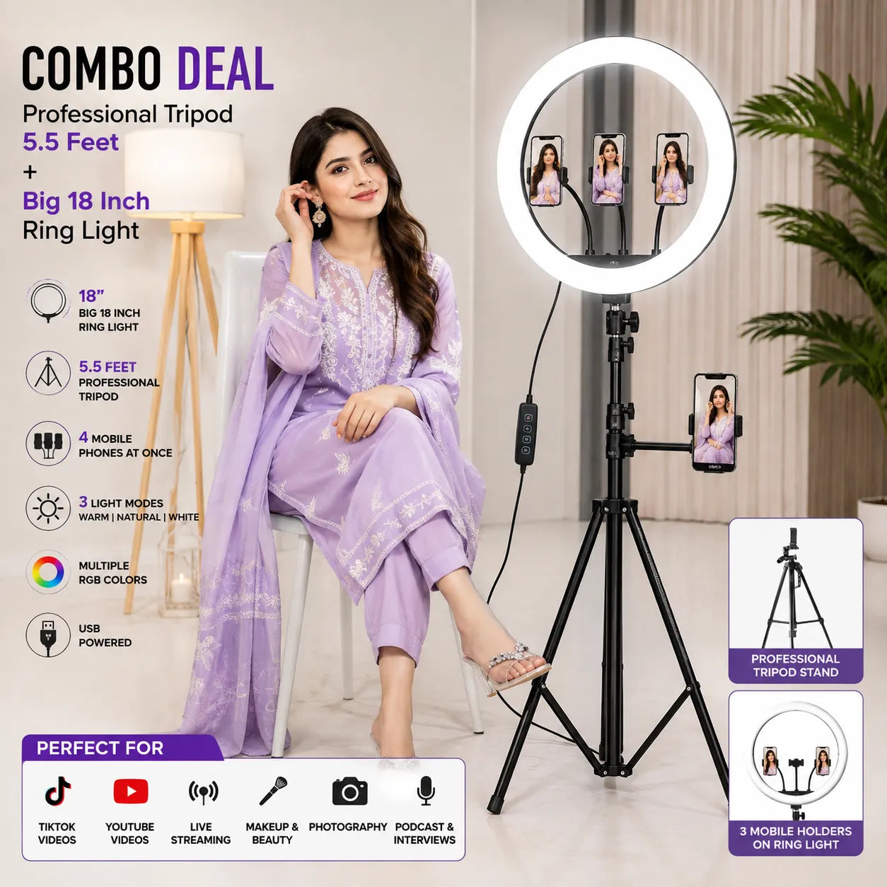 Professional Content Creator Combo – 5.5 Feet Tripod Stand + 18-Inch RGB Ring Light