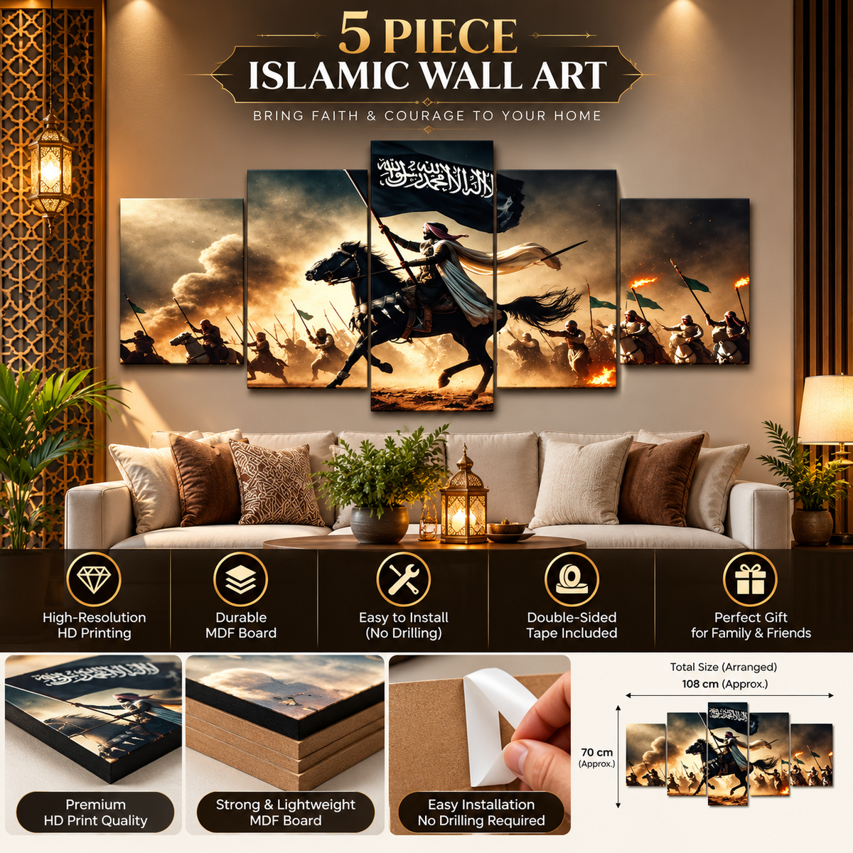5-Piece Islamic Warrior Wall Art Set – Historical Battle