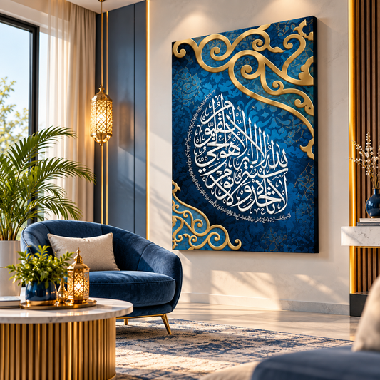 Ayatul Kursi Islamic Wall Art  Royal Blue Arabic Calligraphy Frame