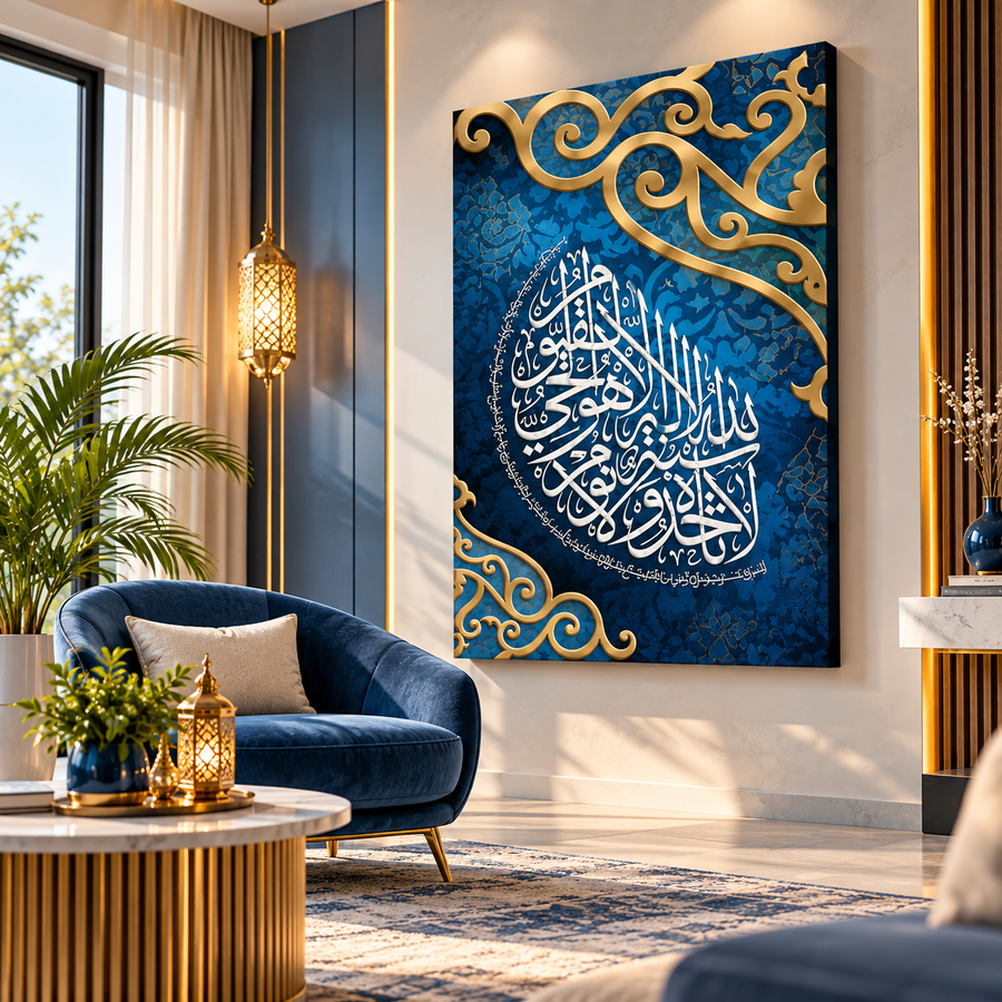 Ayatul Kursi Islamic Wall Art  Royal Blue Arabic Calligraphy Frame