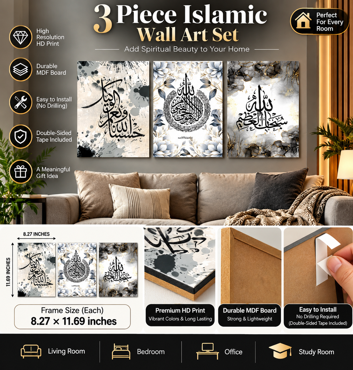 Set of 3 Premium Wall Art Photo Tiles