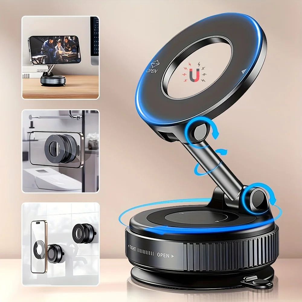 Premium Magnetic Vacuum Suction Phone Mount – 360° Rotatable & Foldable Holder | Double-Sided Strong Suction Cup | Universal Mobile Stand for Car Dashboard, Desk & Travel