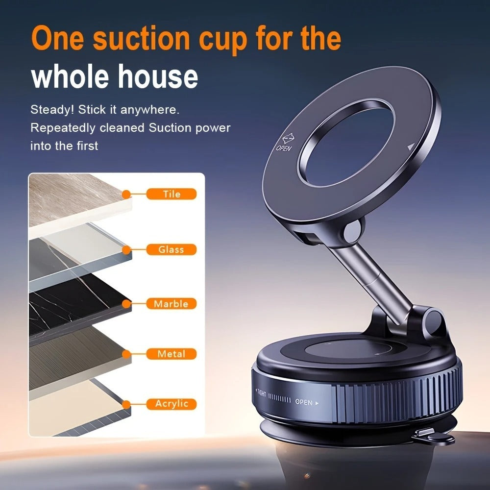 Premium Magnetic Vacuum Suction Phone Mount – 360° Rotatable & Foldable Holder | Double-Sided Strong Suction Cup | Universal Mobile Stand for Car Dashboard, Desk & Travel