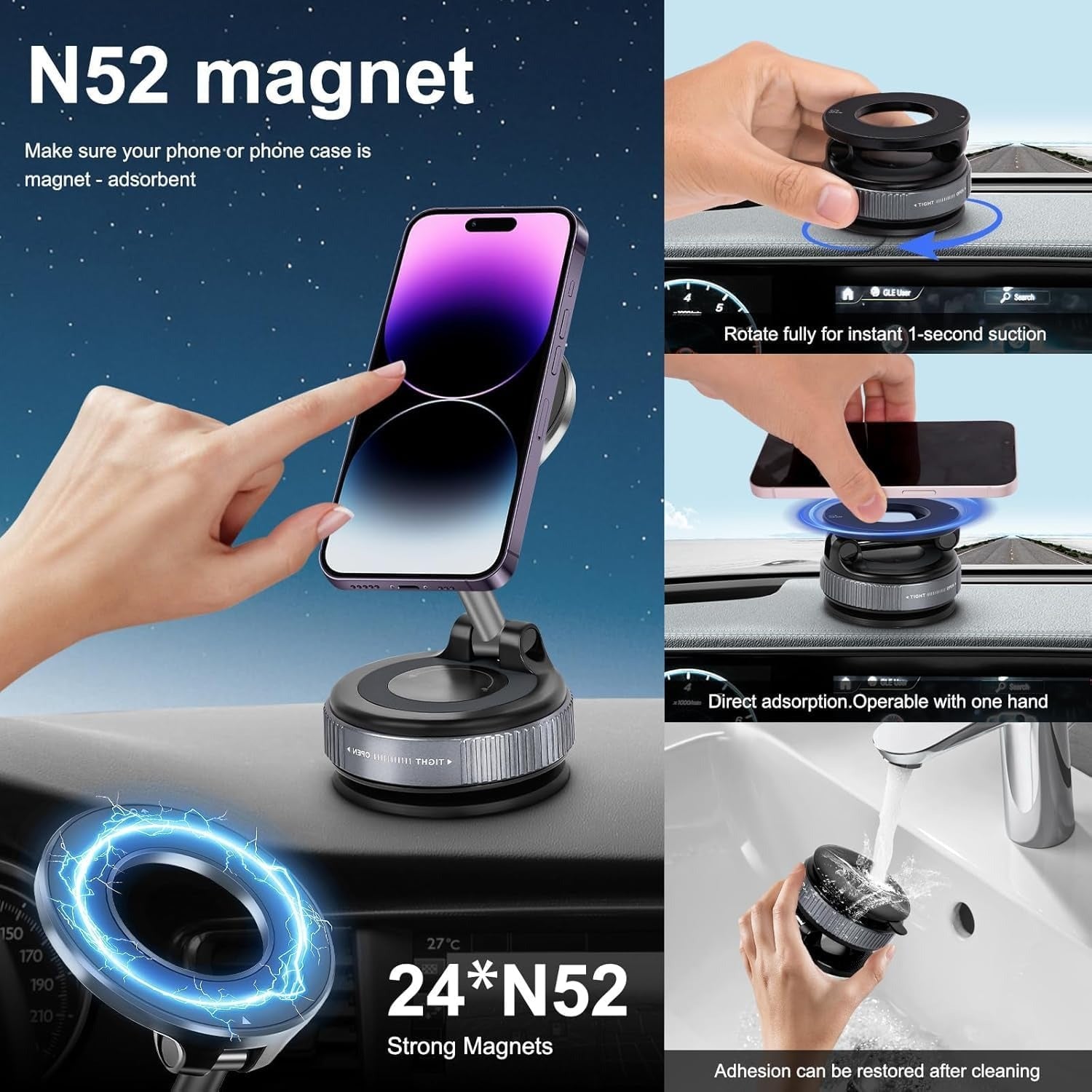 Premium Magnetic Vacuum Suction Phone Mount – 360° Rotatable & Foldable Holder | Double-Sided Strong Suction Cup | Universal Mobile Stand for Car Dashboard, Desk & Travel