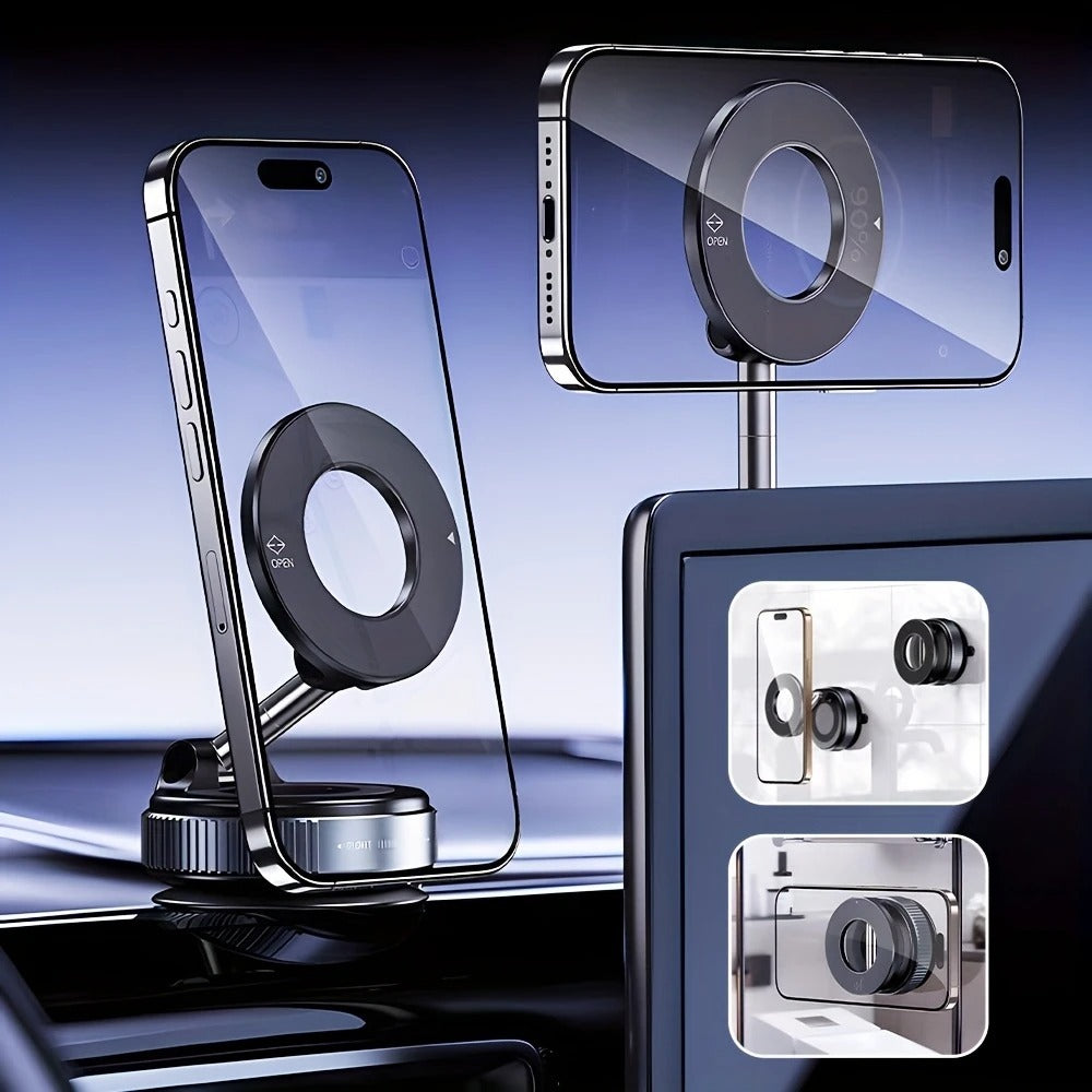 Premium Magnetic Vacuum Suction Phone Mount – 360° Rotatable & Foldable Holder | Double-Sided Strong Suction Cup | Universal Mobile Stand for Car Dashboard, Desk & Travel